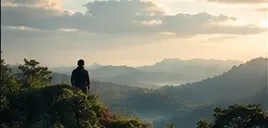 A lone figure overlooking layers of green mountain ridges.