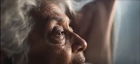 Profile of an older woman lit by a nearby window.