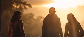 Three silhouetted figures in warm evening light.