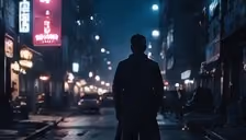 A lone figure walking through a rain-darkened neon street.
