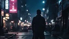 A lone figure walking through a rain-darkened neon street.